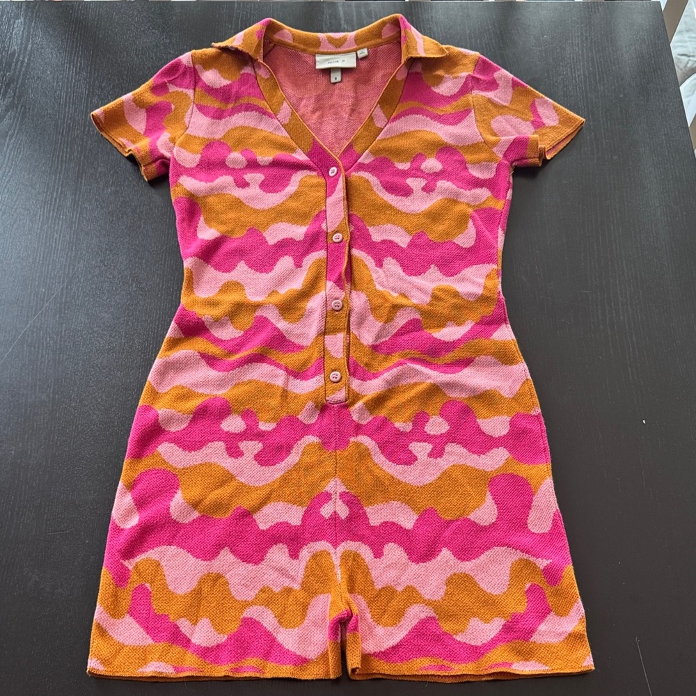 NWOT Milk It Vibrant Pink Orange Patterned Short Collared Knit Y2K Romper Size 8